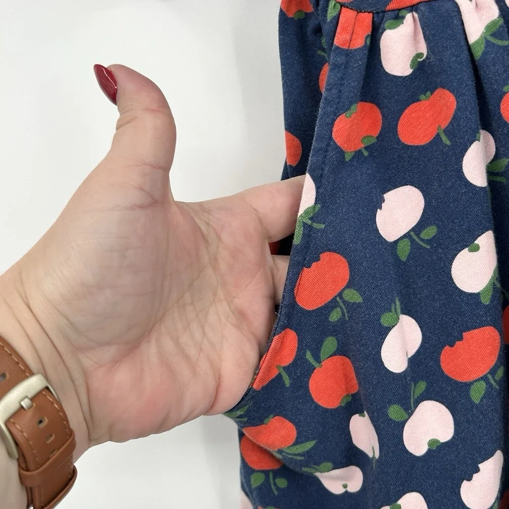 Hanna Andersson Twill Apple Print Skater Dress Size 12 150 cm Pockets Navy BLue